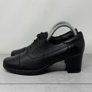 Clarks Black Leather Brogue Oxford Block Heel Lace Up Women’s Shoes Size 9